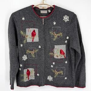 Croft & Barrow Vintage Cardinal Zip Cardigan Sweater Embroidered Gray Size Large